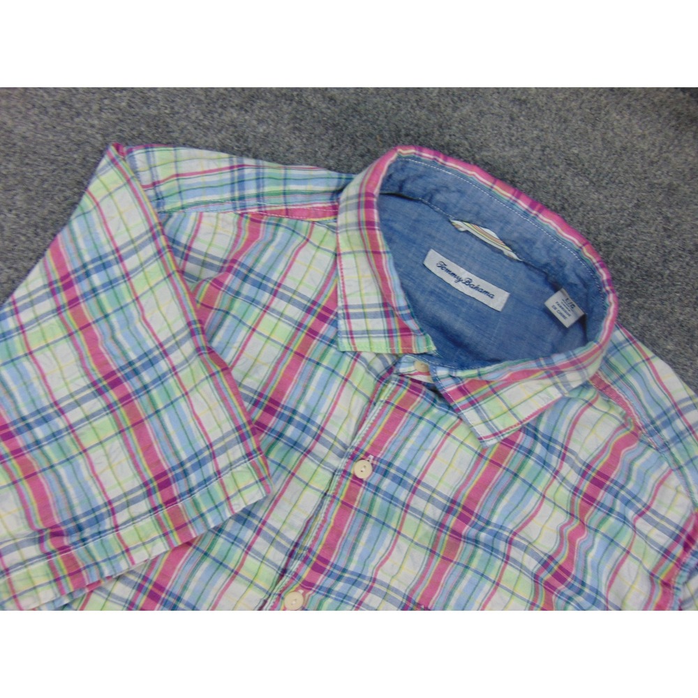 Tommy Bahama Shirt Mens Large Button Up Multicolor Plaid Madras Coastal Summer